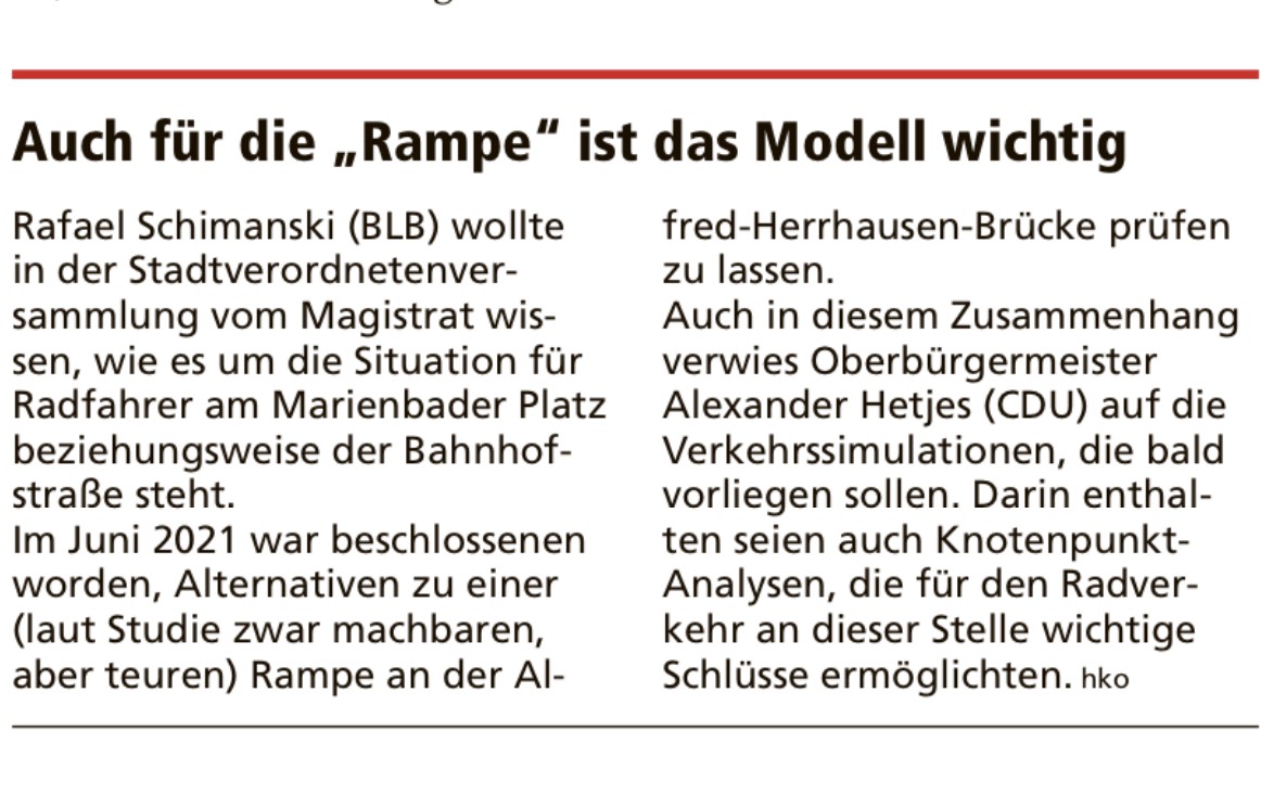 Auch für die Rampe ist das Modell wichtig – Stadtverordnete Schimanski fragt beim OB nach – Taunus Zeitung vom 5.02.2022